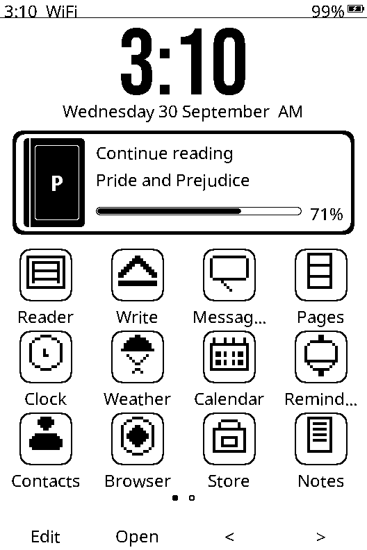 eOctavo home screen with a large clock, continue reading card and app grid